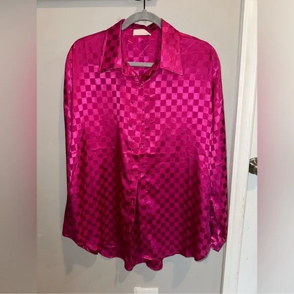 Altar'd State Fuchsia Satin Checkered Blouse - Picture 3 of 7